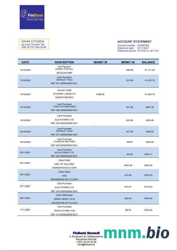 Szablon wyciągu bankowego Burundi Finbank w programie Word i PDF